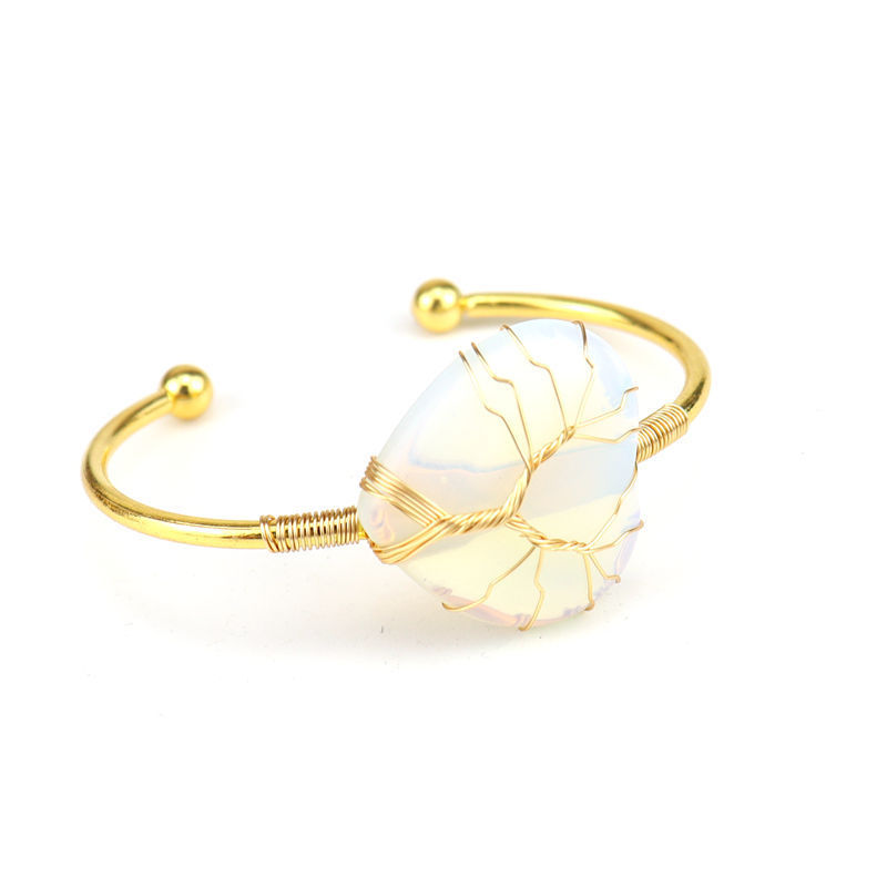 Wholesale Natural Crystal Colorful Heart Water Drop Tree of Life Bracelet with Adjustable Silver Bangle Wire Wrap Stone Bracelet