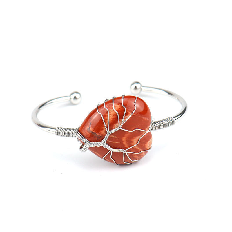 Wholesale Natural Crystal Colorful Heart Water Drop Tree of Life Bracelet with Adjustable Silver Bangle Wire Wrap Stone Bracelet