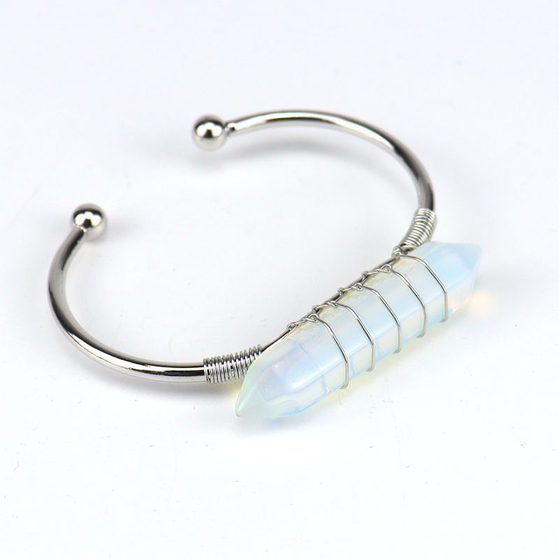 Healing Stone Hexagon Pillar Silver Wire Wrapped Point Natural Stone Cuff Bangle Bracelet Chakra Energy Bracelet For Women