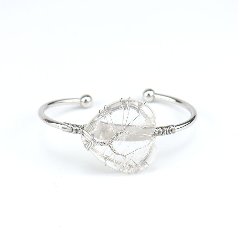 Wholesale Natural Crystal Colorful Heart Water Drop Tree of Life Bracelet with Adjustable Silver Bangle Wire Wrap Stone Bracelet