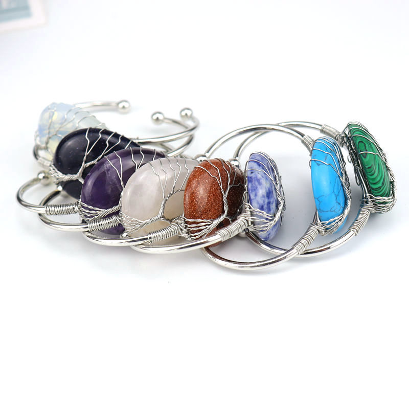 Fashion Drop Shape Tiger Eye Crystal Bangle Natural Stone Turquoise Amethyst Bracelet For Women