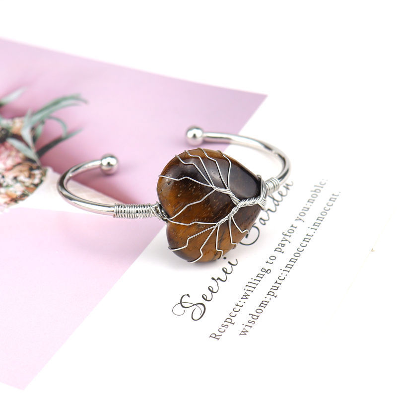 Wholesale Natural Crystal Colorful Heart Water Drop Tree of Life Bracelet with Adjustable Silver Bangle Wire Wrap Stone Bracelet