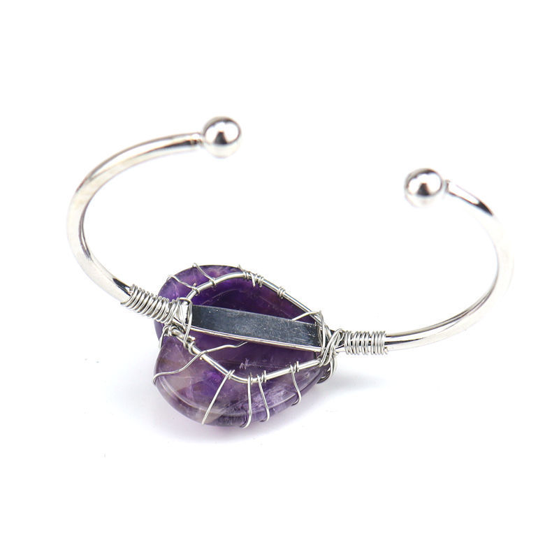 Wholesale Natural Crystal Colorful Heart Water Drop Tree of Life Bracelet with Adjustable Silver Bangle Wire Wrap Stone Bracelet