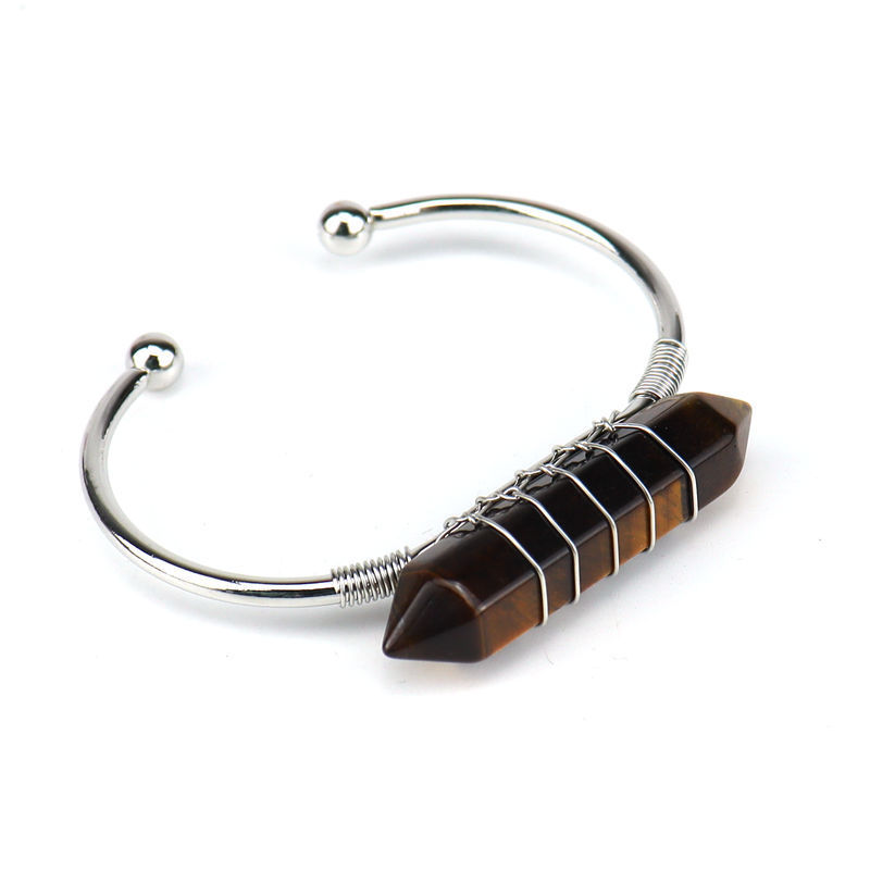 Healing Stone Hexagon Pillar Silver Wire Wrapped Point Natural Stone Cuff Bangle Bracelet Chakra Energy Bracelet For Women