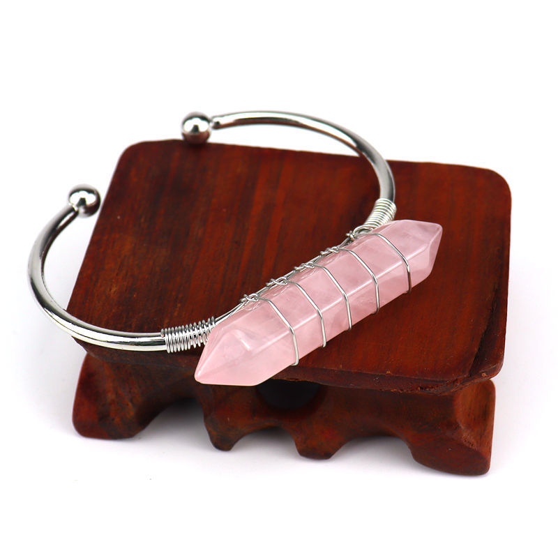 Healing Stone Hexagon Pillar Silver Wire Wrapped Point Natural Stone Cuff Bangle Bracelet Chakra Energy Bracelet For Women