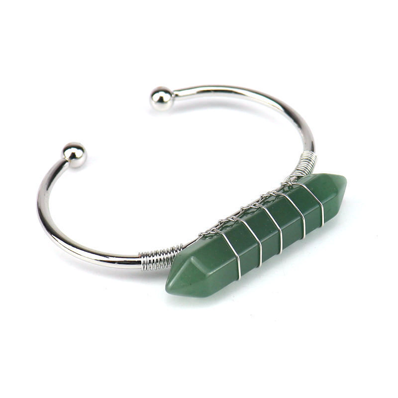 Healing Stone Hexagon Pillar Silver Wire Wrapped Point Natural Stone Cuff Bangle Bracelet Chakra Energy Bracelet For Women