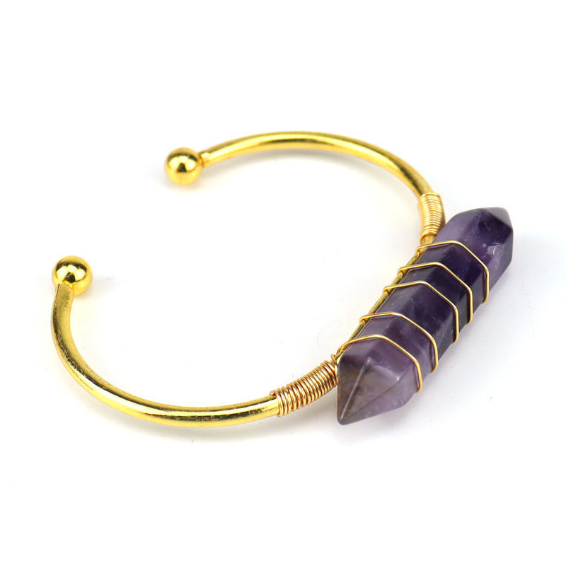 Healing Stone Hexagon Pillar Silver Wire Wrapped Point Natural Stone Cuff Bangle Bracelet Chakra Energy Bracelet For Women