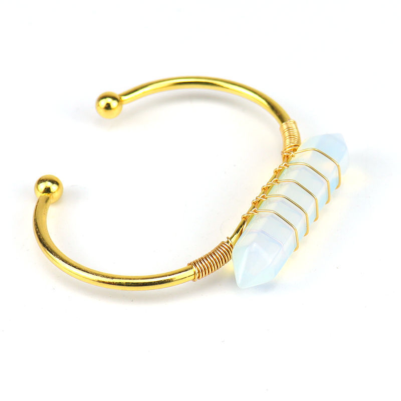 Healing Stone Hexagon Pillar Silver Wire Wrapped Point Natural Stone Cuff Bangle Bracelet Chakra Energy Bracelet For Women