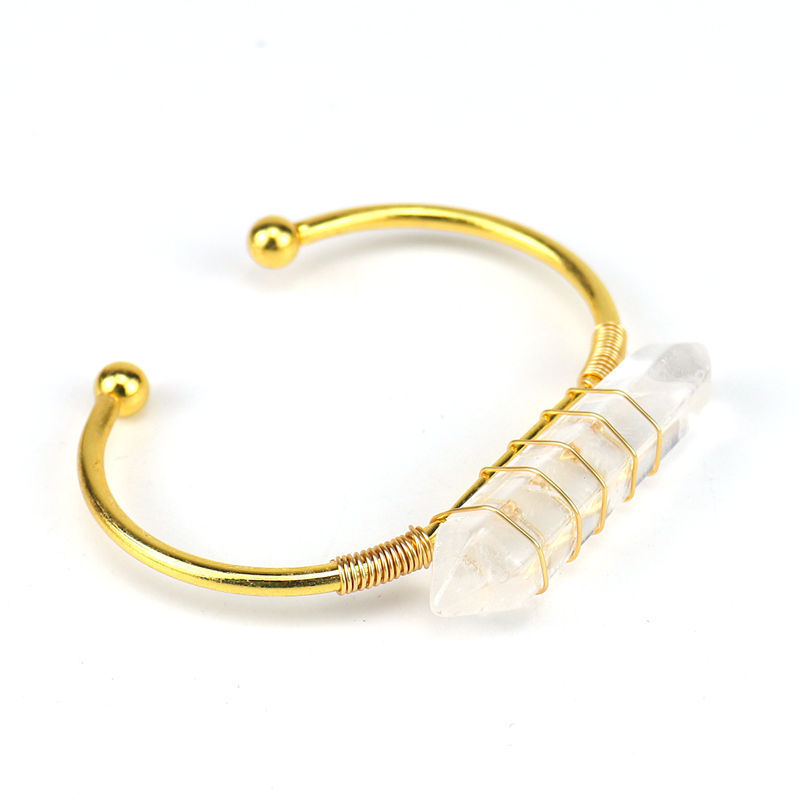 Healing Stone Hexagon Pillar Silver Wire Wrapped Point Natural Stone Cuff Bangle Bracelet Chakra Energy Bracelet For Women