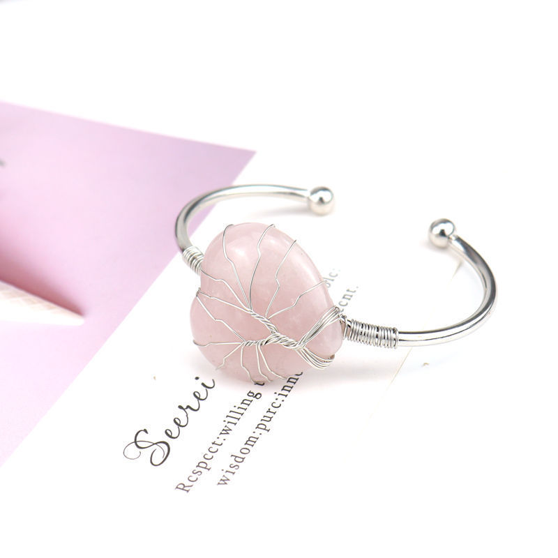 Wholesale Natural Crystal Colorful Heart Water Drop Tree of Life Bracelet with Adjustable Silver Bangle Wire Wrap Stone Bracelet