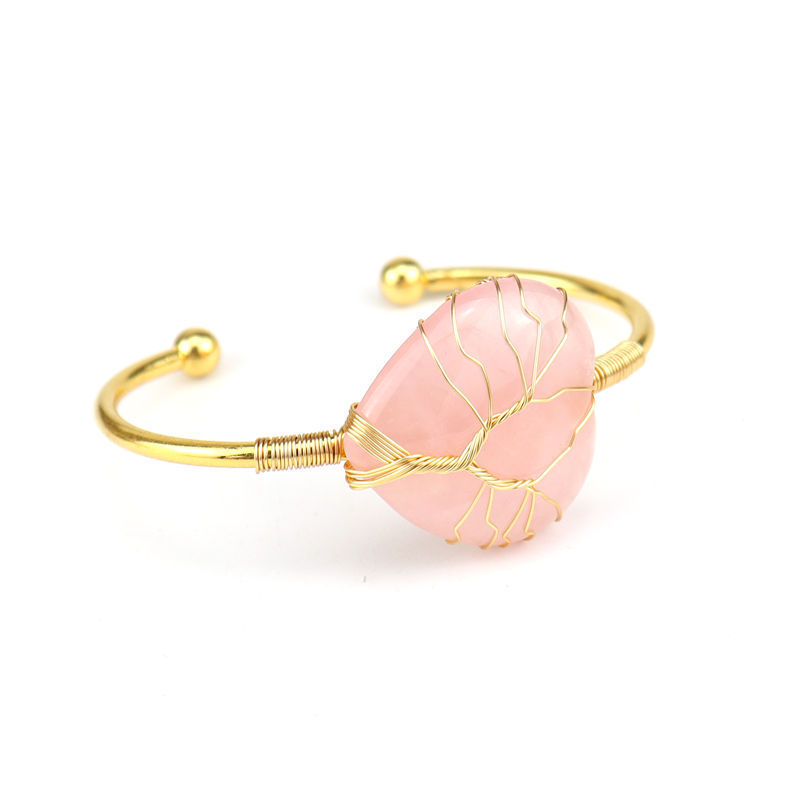 Wholesale Natural Crystal Colorful Heart Water Drop Tree of Life Bracelet with Adjustable Silver Bangle Wire Wrap Stone Bracelet