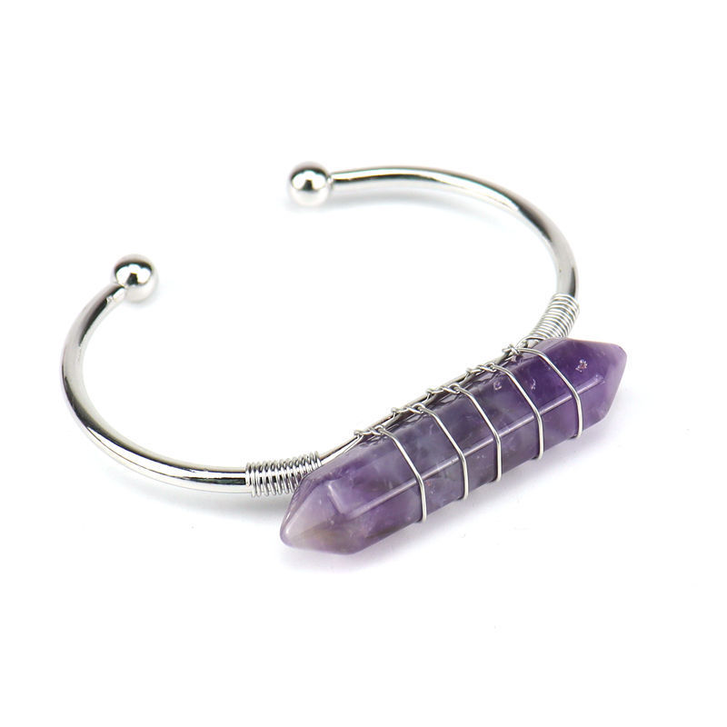Healing Stone Hexagon Pillar Silver Wire Wrapped Point Natural Stone Cuff Bangle Bracelet Chakra Energy Bracelet For Women