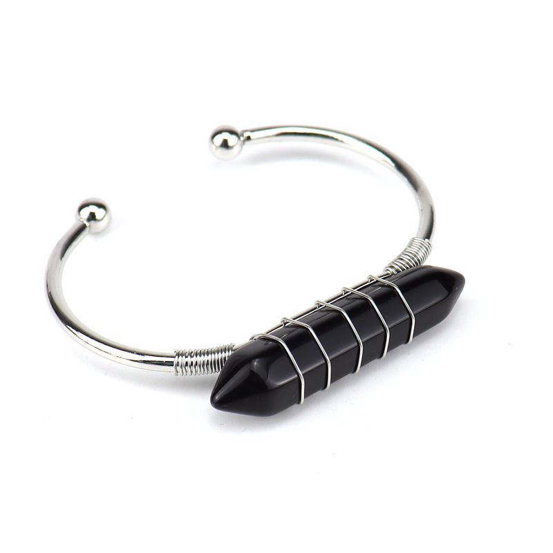 Healing Stone Hexagon Pillar Silver Wire Wrapped Point Natural Stone Cuff Bangle Bracelet Chakra Energy Bracelet For Women