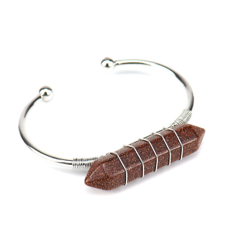 Healing Stone Hexagon Pillar Silver Wire Wrapped Point Natural Stone Cuff Bangle Bracelet Chakra Energy Bracelet For Women