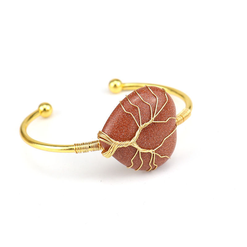 Wholesale Natural Crystal Colorful Heart Water Drop Tree of Life Bracelet with Adjustable Silver Bangle Wire Wrap Stone Bracelet
