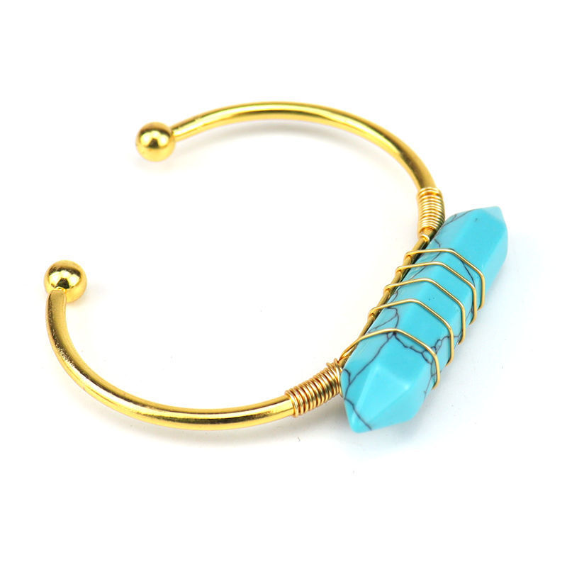 Healing Stone Hexagon Pillar Silver Wire Wrapped Point Natural Stone Cuff Bangle Bracelet Chakra Energy Bracelet For Women