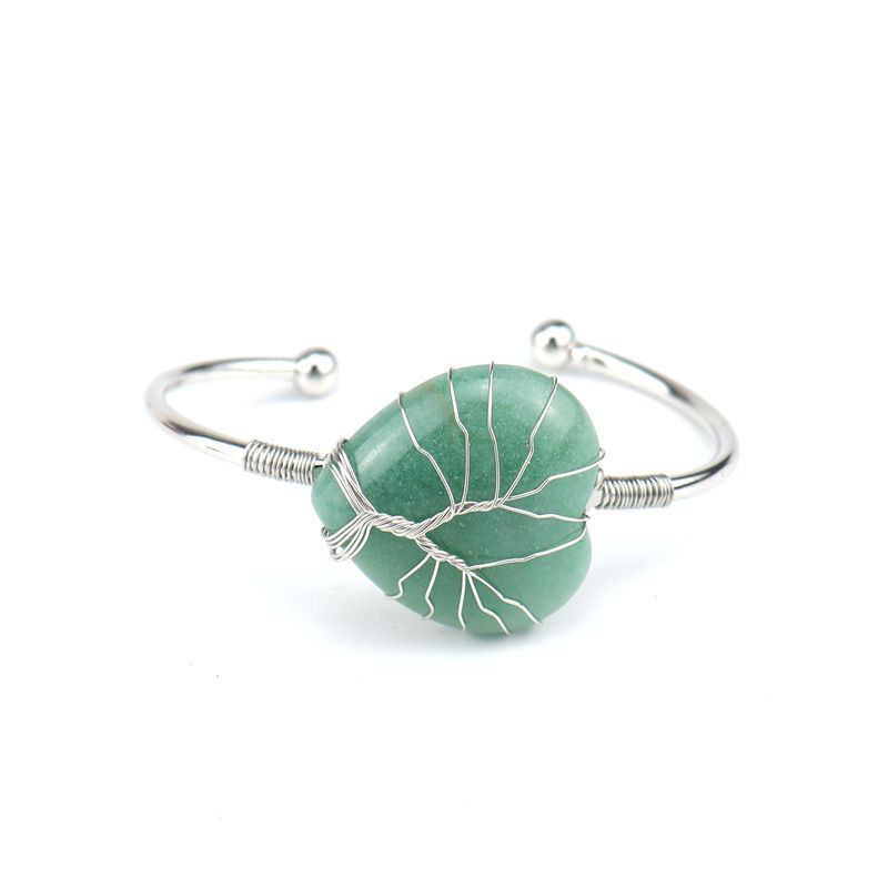 Wholesale Natural Crystal Colorful Heart Water Drop Tree of Life Bracelet with Adjustable Silver Bangle Wire Wrap Stone Bracelet