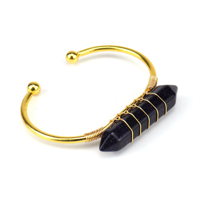 Healing Stone Hexagon Pillar Silver Wire Wrapped Point Natural Stone Cuff Bangle Bracelet Chakra Energy Bracelet For Women