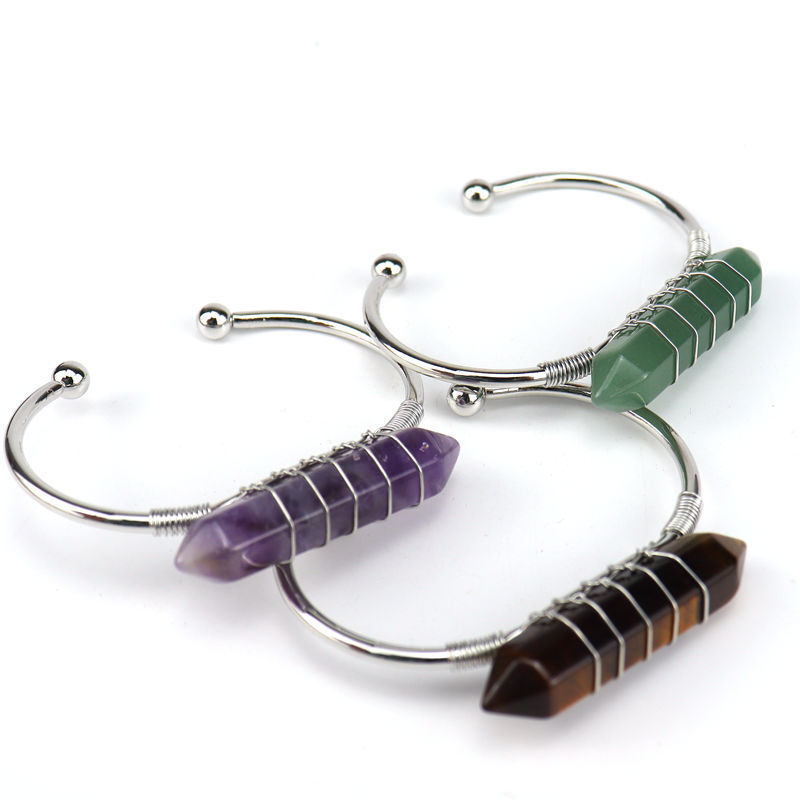 Healing Stone Hexagon Pillar Silver Wire Wrapped Point Natural Stone Cuff Bangle Bracelet Chakra Energy Bracelet For Women