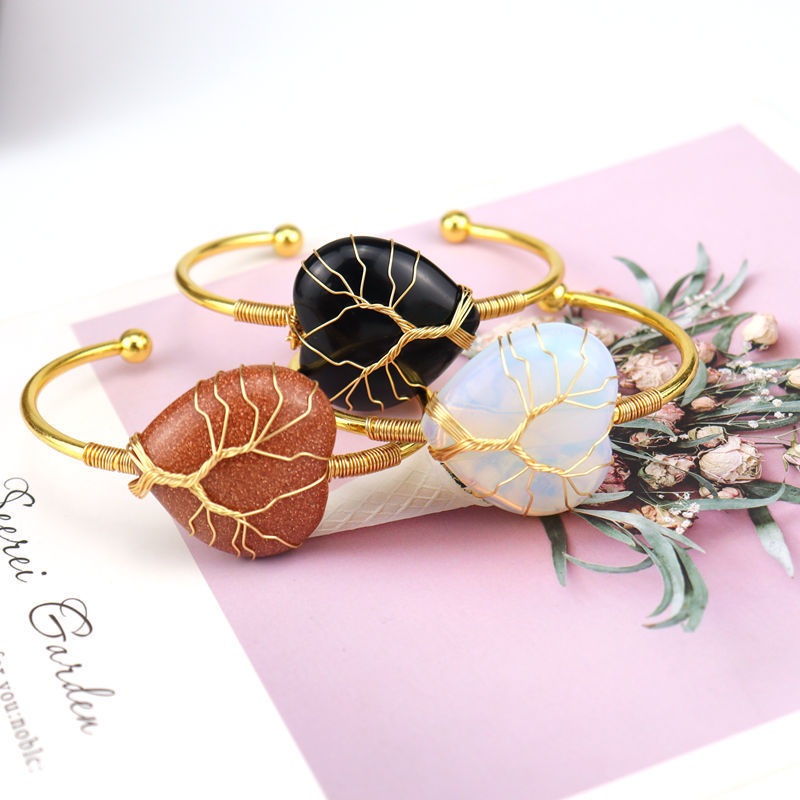 Wholesale Natural Crystal Colorful Heart Water Drop Tree of Life Bracelet with Adjustable Silver Bangle Wire Wrap Stone Bracelet