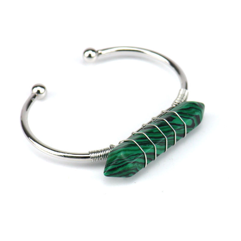 Healing Stone Hexagon Pillar Silver Wire Wrapped Point Natural Stone Cuff Bangle Bracelet Chakra Energy Bracelet For Women