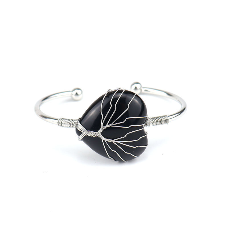 Wholesale Natural Crystal Colorful Heart Water Drop Tree of Life Bracelet with Adjustable Silver Bangle Wire Wrap Stone Bracelet