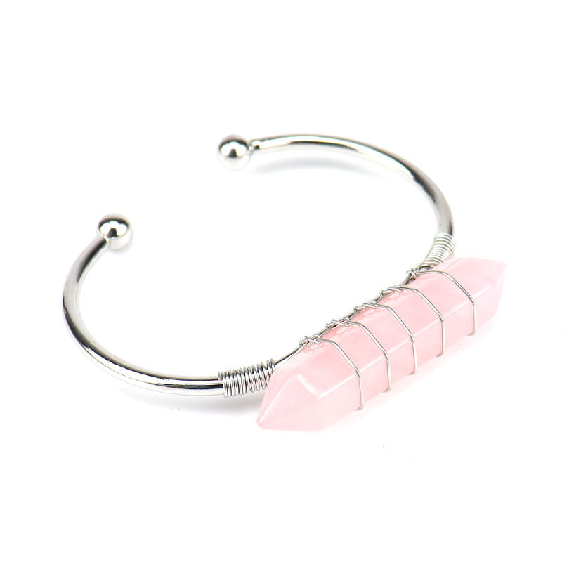 Healing Stone Hexagon Pillar Silver Wire Wrapped Point Natural Stone Cuff Bangle Bracelet Chakra Energy Bracelet For Women