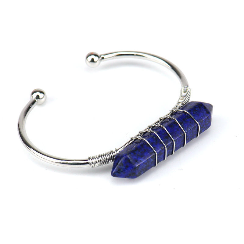 Healing Stone Hexagon Pillar Silver Wire Wrapped Point Natural Stone Cuff Bangle Bracelet Chakra Energy Bracelet For Women