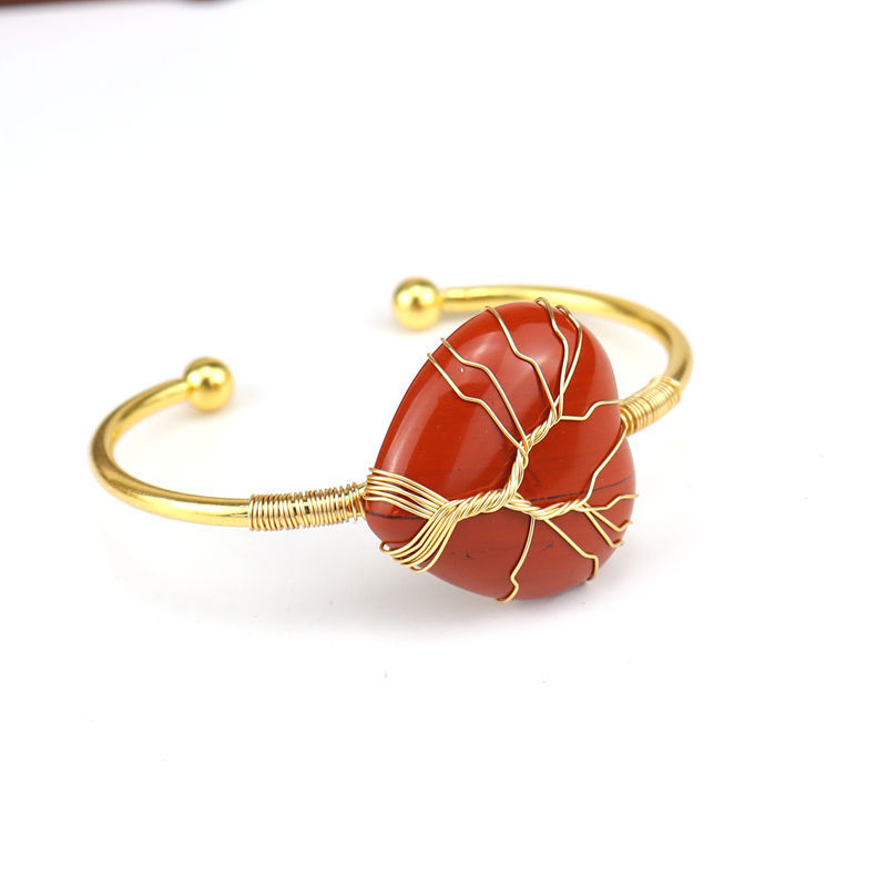 Wholesale Natural Crystal Colorful Heart Water Drop Tree of Life Bracelet with Adjustable Silver Bangle Wire Wrap Stone Bracelet