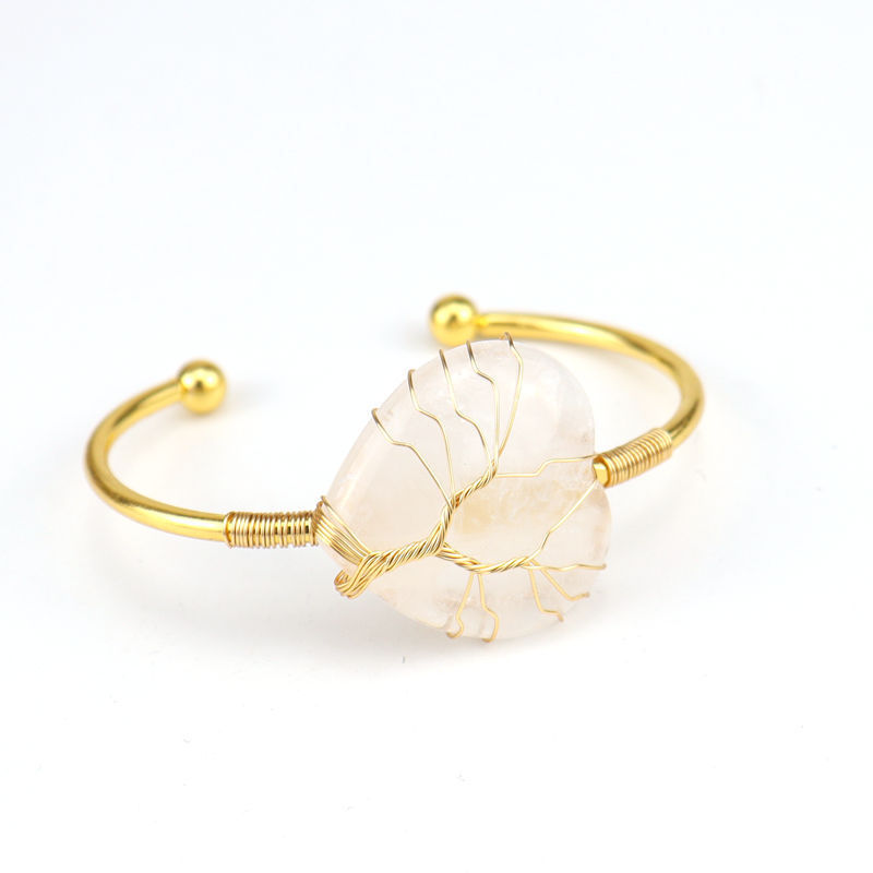 Wholesale Natural Crystal Colorful Heart Water Drop Tree of Life Bracelet with Adjustable Silver Bangle Wire Wrap Stone Bracelet