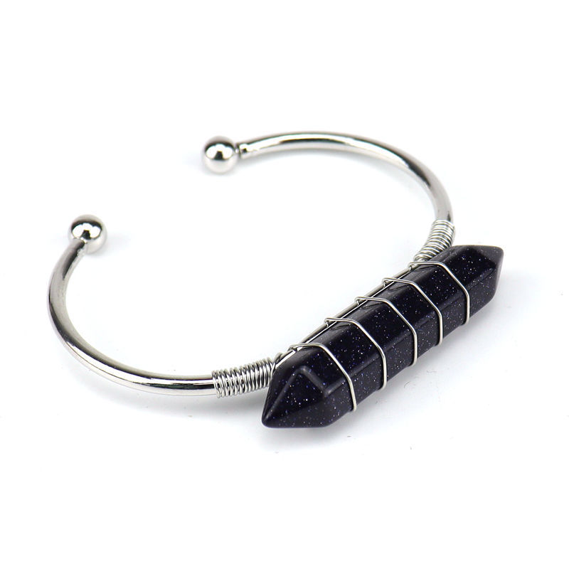 Healing Stone Hexagon Pillar Silver Wire Wrapped Point Natural Stone Cuff Bangle Bracelet Chakra Energy Bracelet For Women