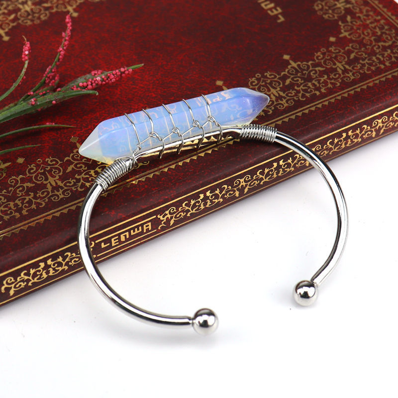 Healing Stone Hexagon Pillar Silver Wire Wrapped Point Natural Stone Cuff Bangle Bracelet Chakra Energy Bracelet For Women