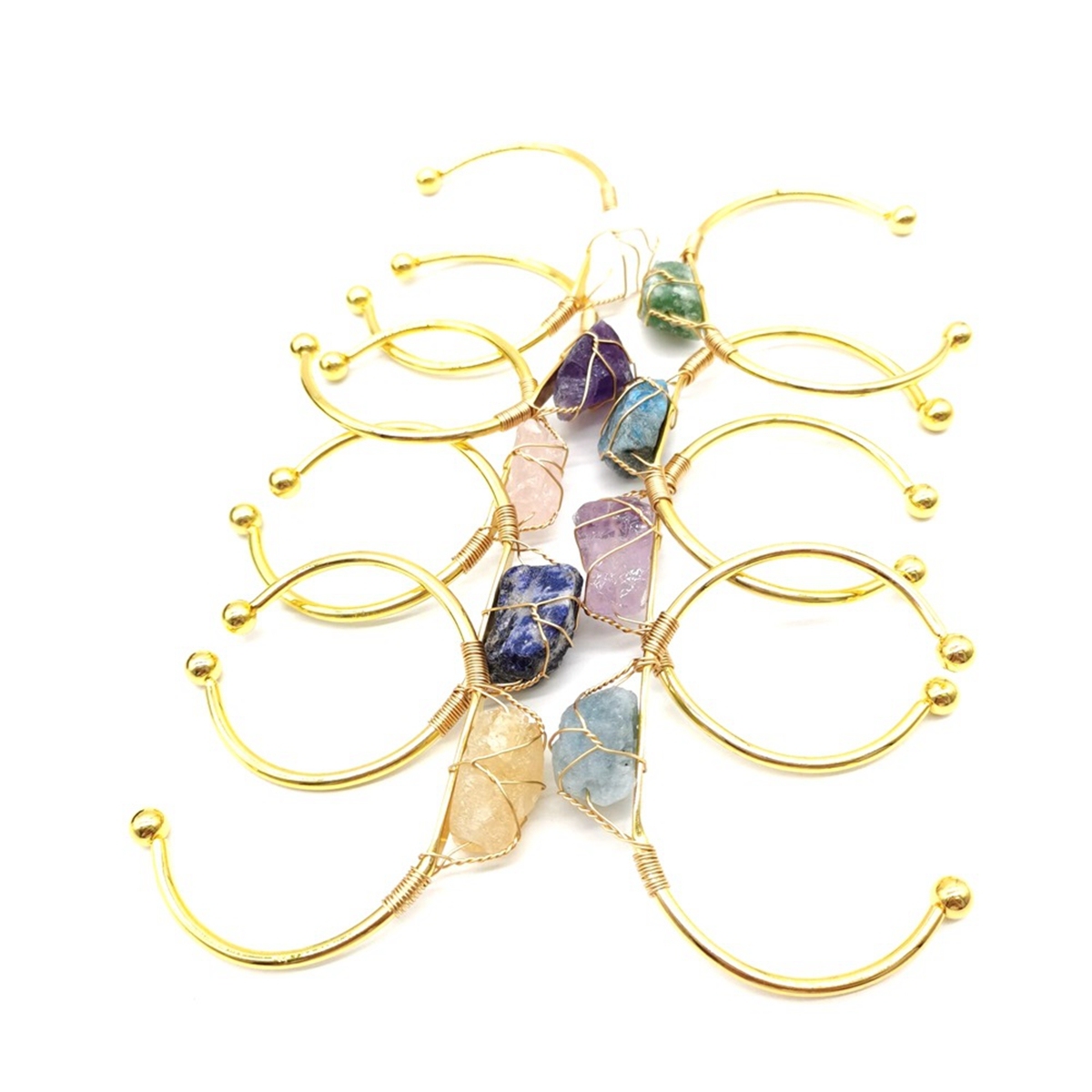 Open Cuff Bangle Gold Color Wire Wrap Natural Amethyst Citrine Stone Bracelet Bangle For Women Girls Jewelry