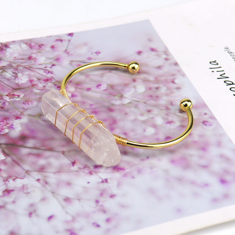 Long Crystal Point Cuff Bracelet for Women Girls Handmade Gold Wire Woven Lift of tree Healing Chakra Crystal Friendship Bangle Charms Jewelry
