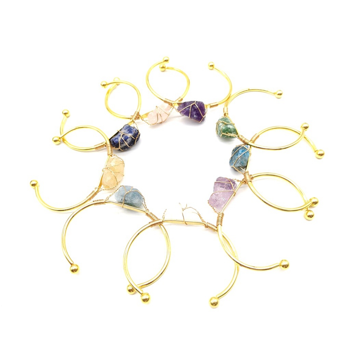 Open Cuff Bangle Gold Color Wire Wrap Natural Amethyst Citrine Stone Bracelet Bangle For Women Girls Jewelry