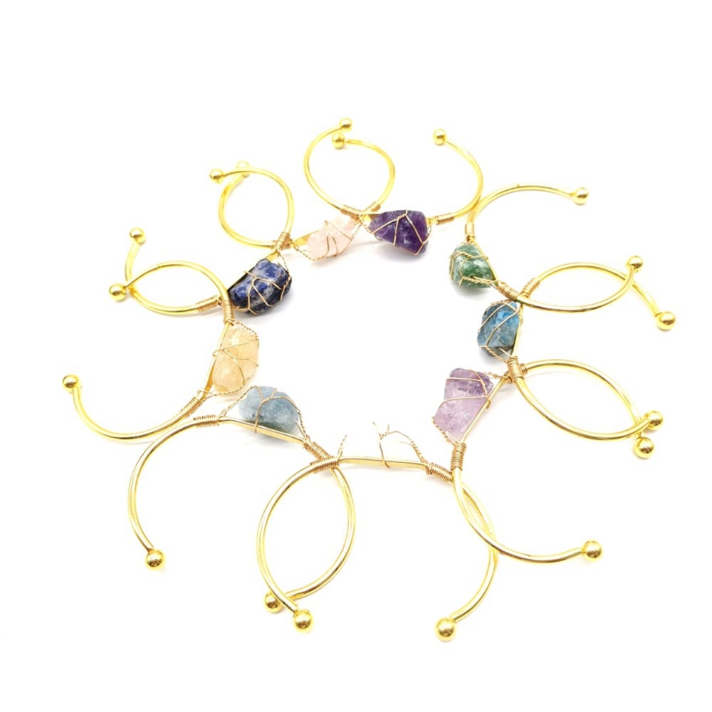 Open Cuff Bangle Gold Color Wire Wrap Natural Amethyst Citrine Stone Bracelet Bangle For Women Girls Jewelry