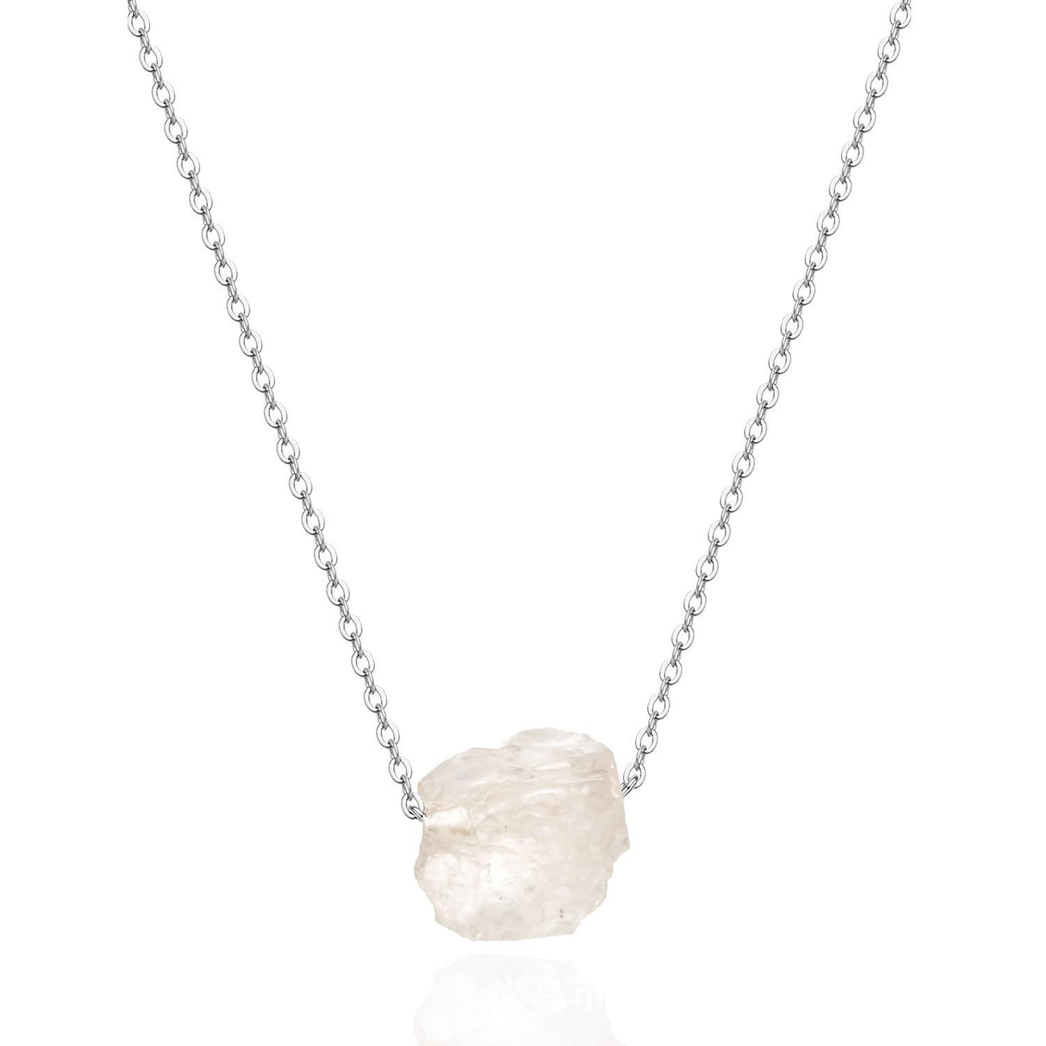 Irregular Raw Stone Beads Pendant Necklace Silver Plated Chain Rough Stone Pendant Necklace Gemstone