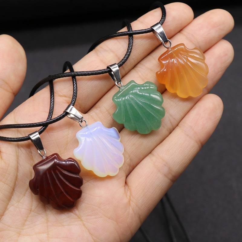 Conch Seashell Gemstone Pendant Necklace Scallop Sea Shell Mermaid Charm Seashore Stone Quartz Crystal Jewelry For Women Gifts Her