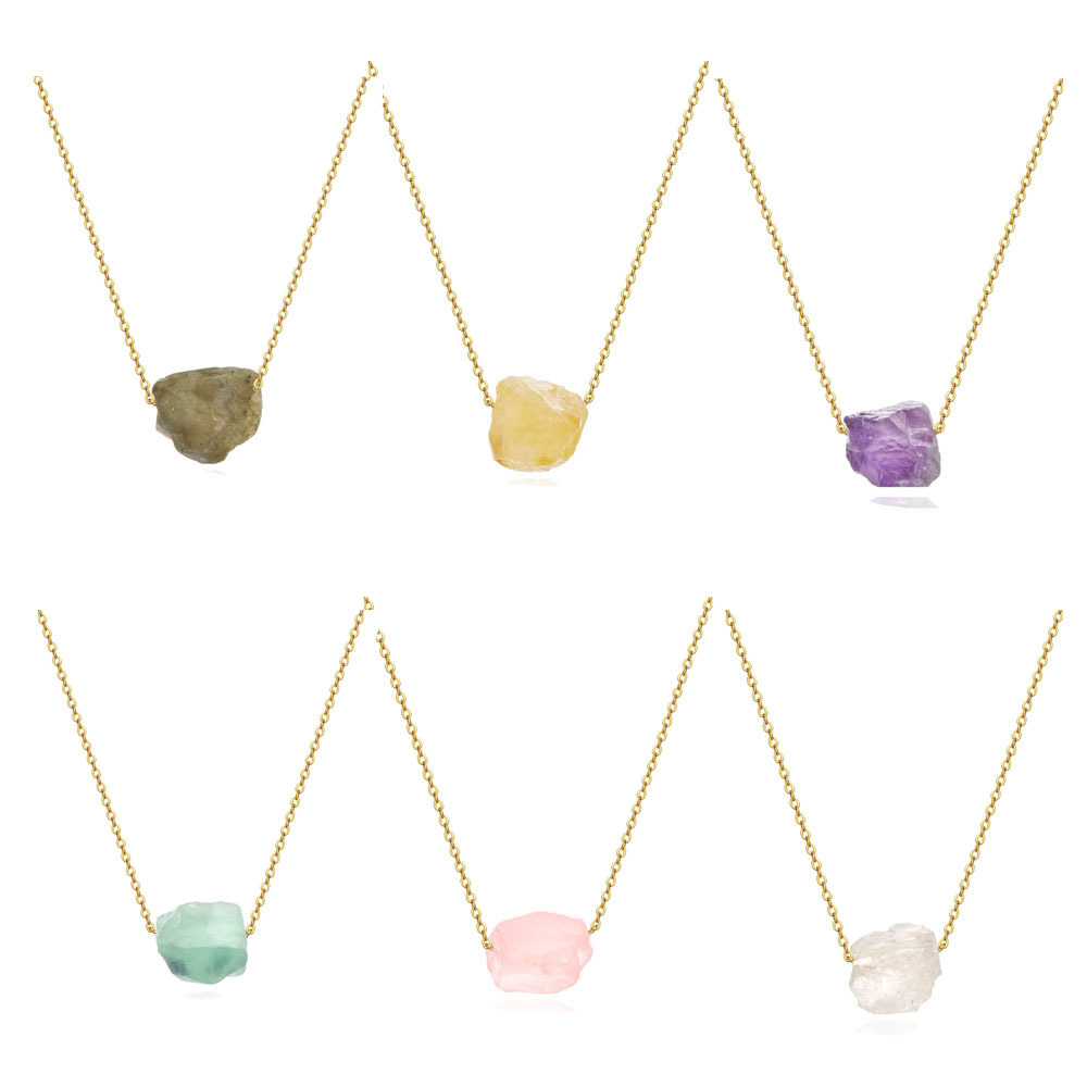Irregular Raw Stone Beads Pendant Necklace Silver Plated Chain Rough Stone Pendant Necklace Gemstone