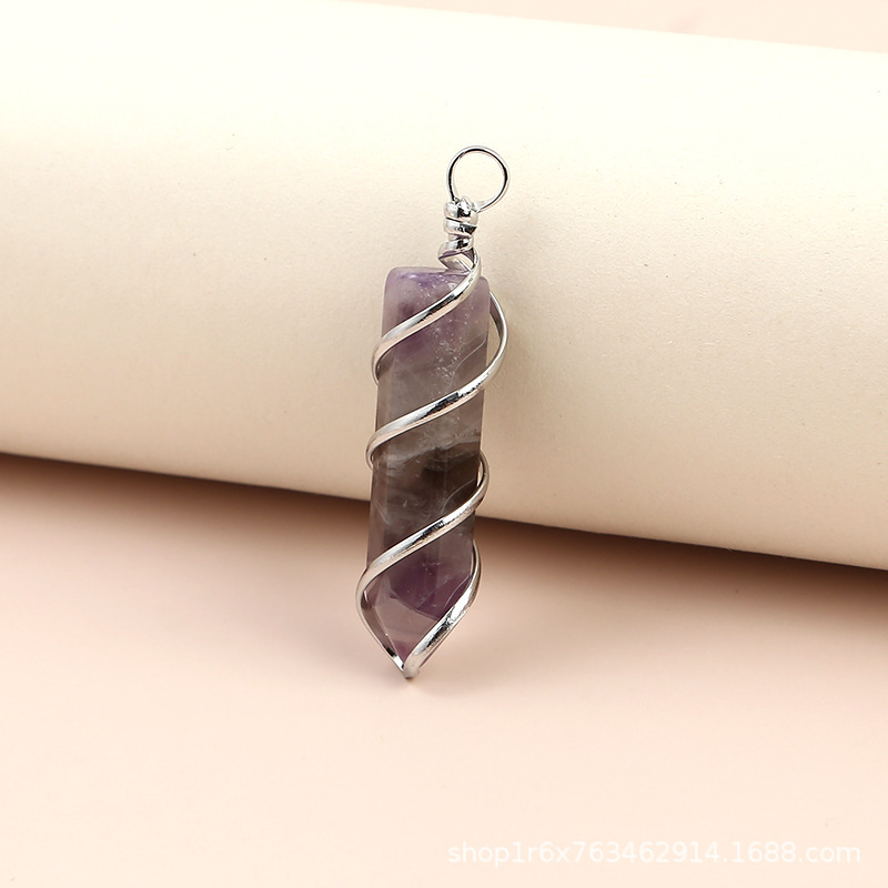 Hexagonal Column Quartz Necklace Pendant Natural Stone Healing Point Bullet Crystal Gold Silver Color Wire Wrapped Necklace