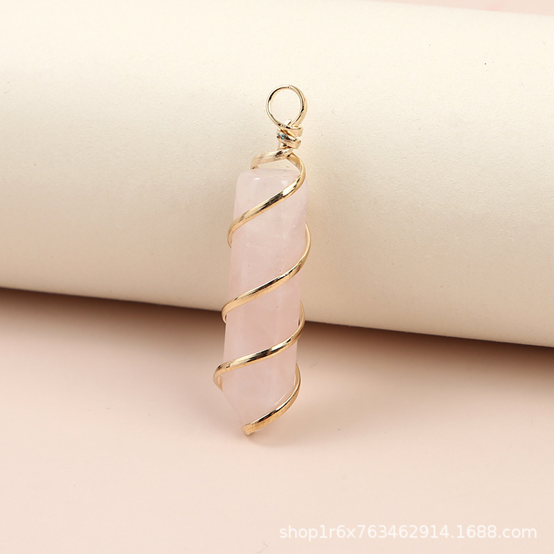 Hexagonal Column Quartz Necklace Pendant Natural Stone Healing Point Bullet Crystal Gold Silver Color Wire Wrapped Necklace