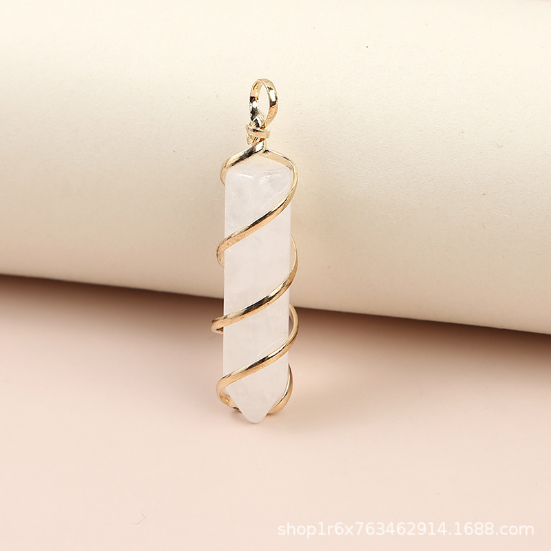 Hexagonal Column Quartz Necklace Pendant Natural Stone Healing Point Bullet Crystal Gold Silver Color Wire Wrapped Necklace