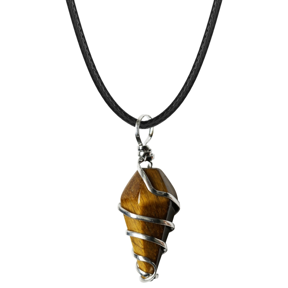 Wholesale Natural Crystal Hexagon Cone Wire Pendant Amethyst Tiger Eye Quartz Stone Pendant Necklace For Gift