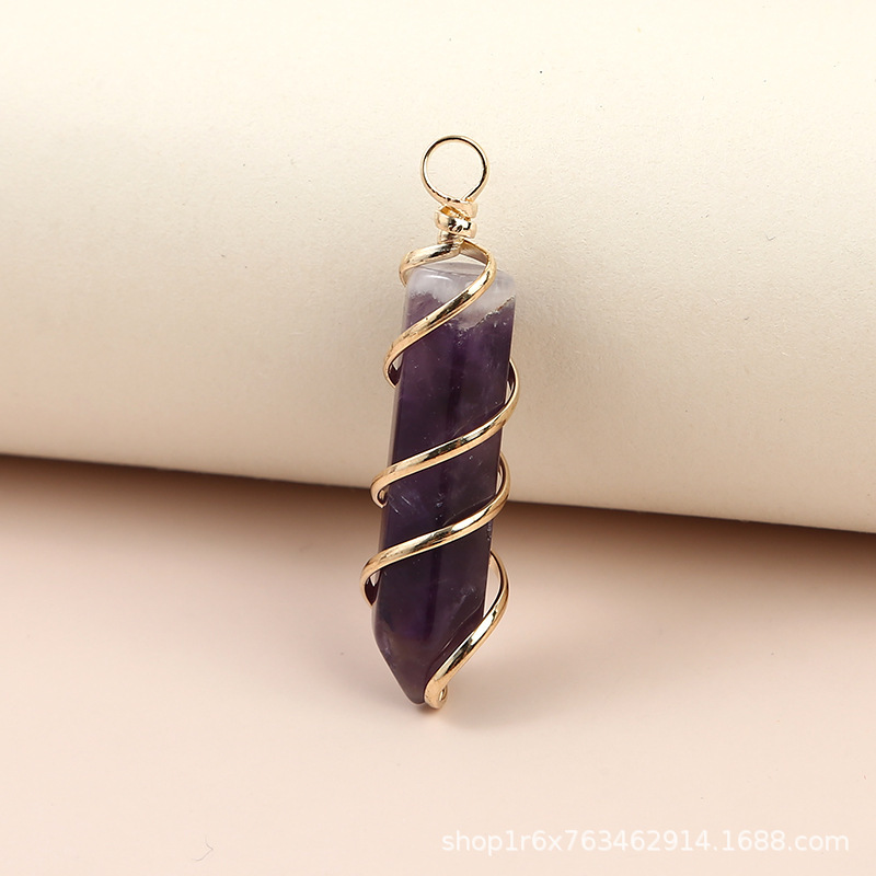 Hexagonal Column Quartz Necklace Pendant Natural Stone Healing Point Bullet Crystal Gold Silver Color Wire Wrapped Necklace