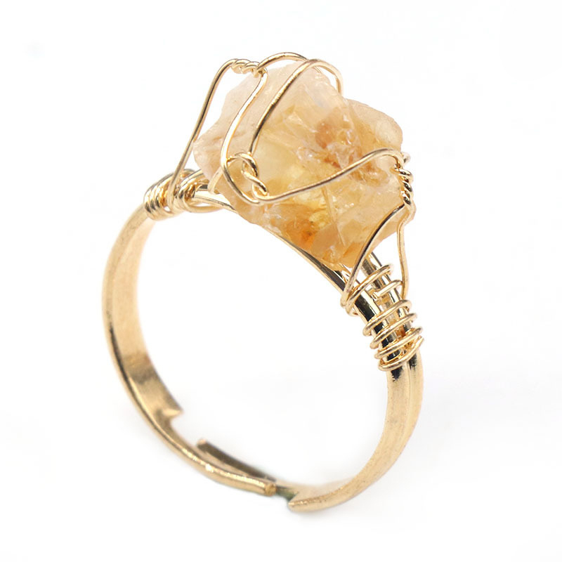 Gold Healing Crystal Ring In Box Handmade Vintage Wire Wrapped Druzy Quartz Raw Irregular Gemstone Adjustalble Mother Birthday Father Day for Women Gi