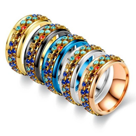CZ Rhinestone Crystal Spinner Band Ring for Women Men Anxiety Relief 6MM Fidget Stainless Steel Perfect Weddings Parties Celebrations