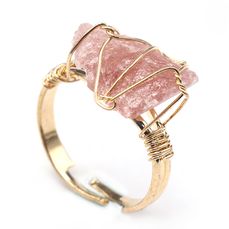 Gold Healing Crystal Ring In Box Handmade Vintage Wire Wrapped Druzy Quartz Raw Irregular Gemstone Adjustalble Mother Birthday Father Day for Women Gi