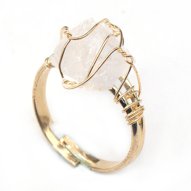 Gold Healing Crystal Ring In Box Handmade Vintage Wire Wrapped Druzy Quartz Raw Irregular Gemstone Adjustalble Mother Birthday Father Day for Women Gi
