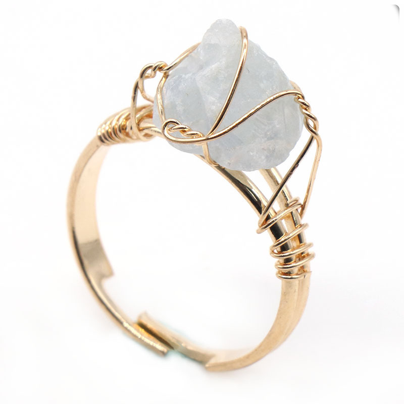 Gold Healing Crystal Ring In Box Handmade Vintage Wire Wrapped Druzy Quartz Raw Irregular Gemstone Adjustalble Mother Birthday Father Day for Women Gi