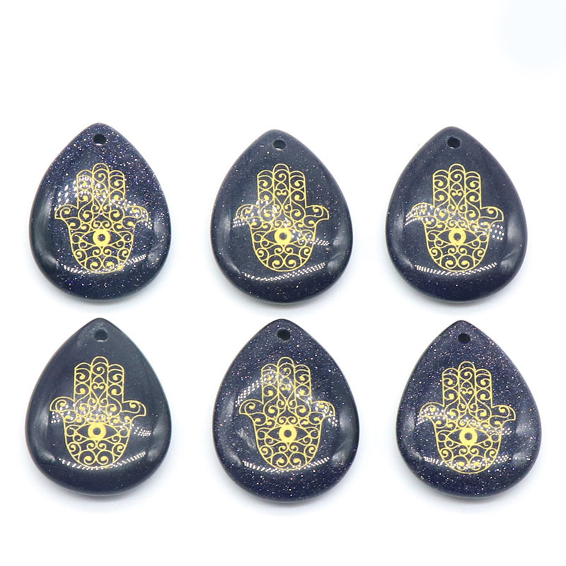 Trendy Natural Stone Engrave Turkish Fatima Hand Pattern Drop Shaped Pendant Necklace Reiki Healing Crystal Jewelry Making
